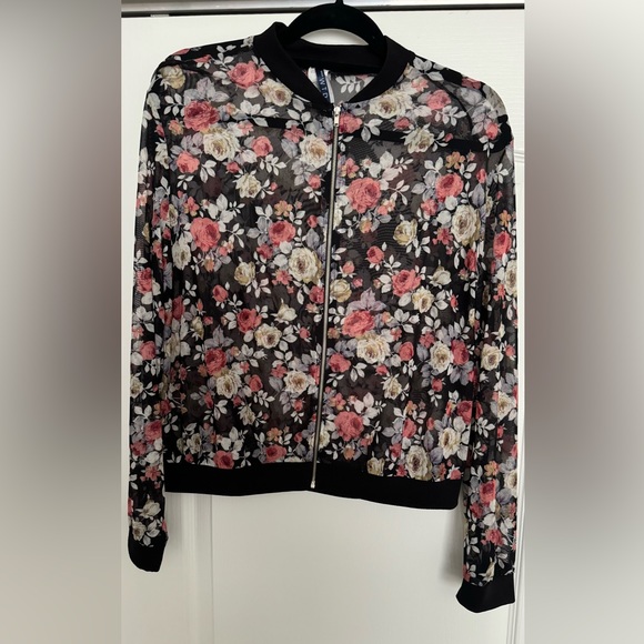 ShopWTD Floral Sheer Long Sleeve Zip Up Top - Picture 1 of 6